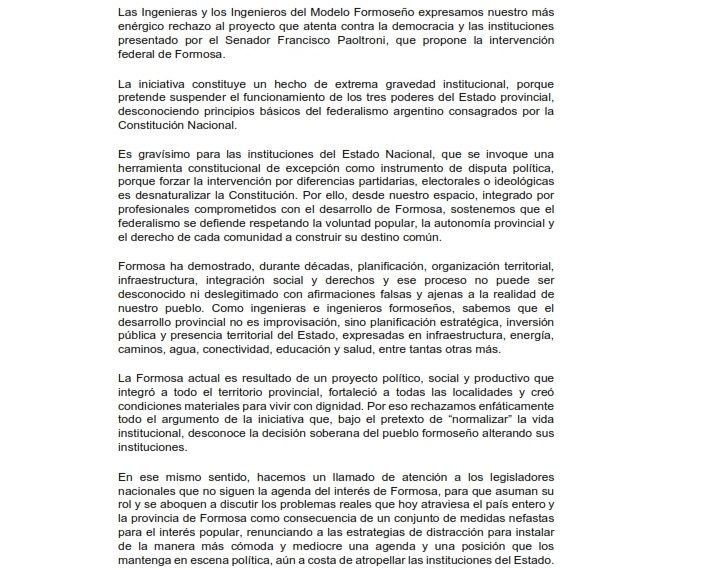 Profesionales de la Ingeniería se pronunciaron en defensa de Formosa ante “un hecho de extrema gravedad institucional”